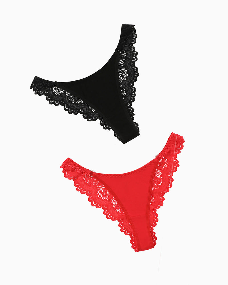 Black and red string panties with lace trim. Low-rise cheeky design, sexy lingerie for women.