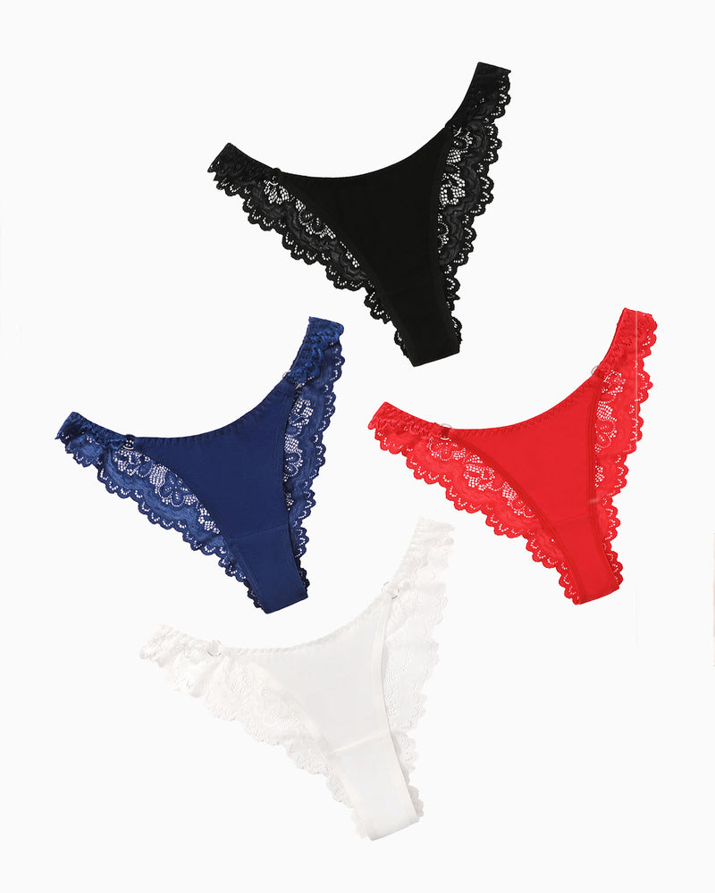 High Cut Hipster string panties in four colors: black, navy, red, white, with lace detail