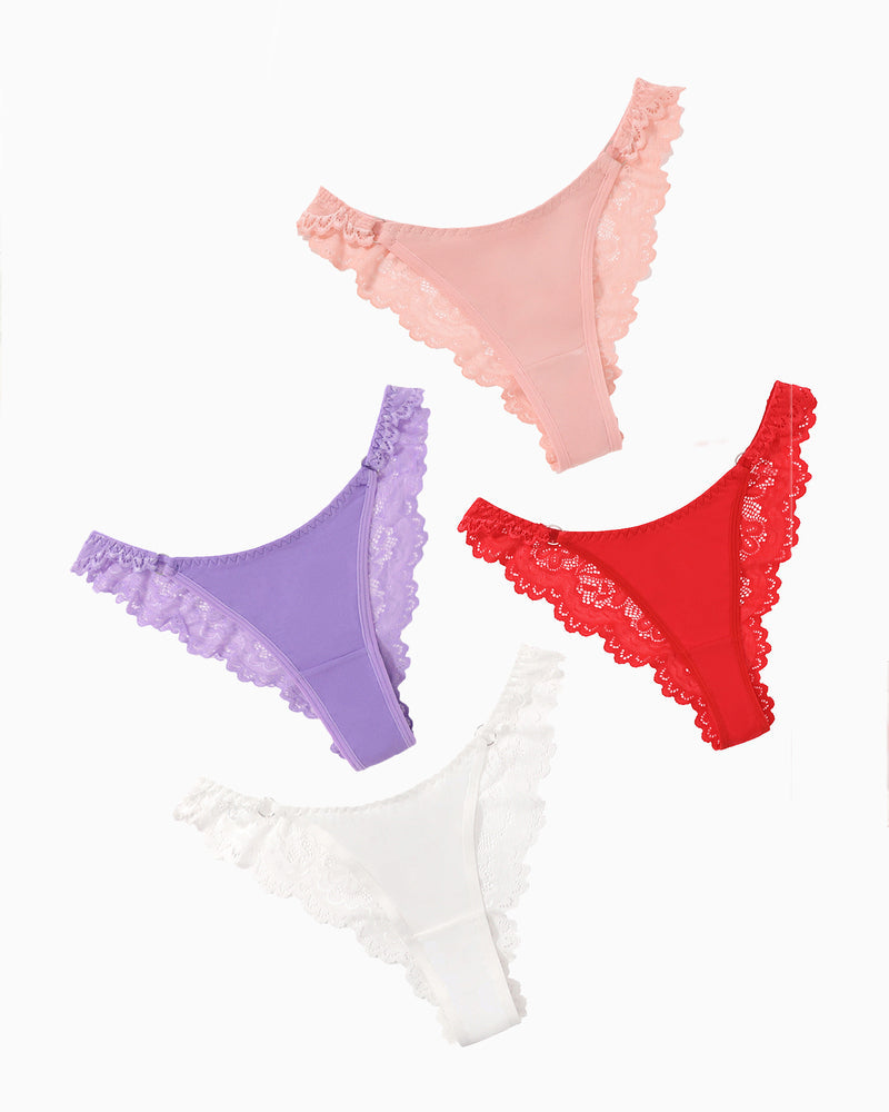 String Panty in pink, purple, red, and white with lace trim. Low-rise cheeky design lingerie.