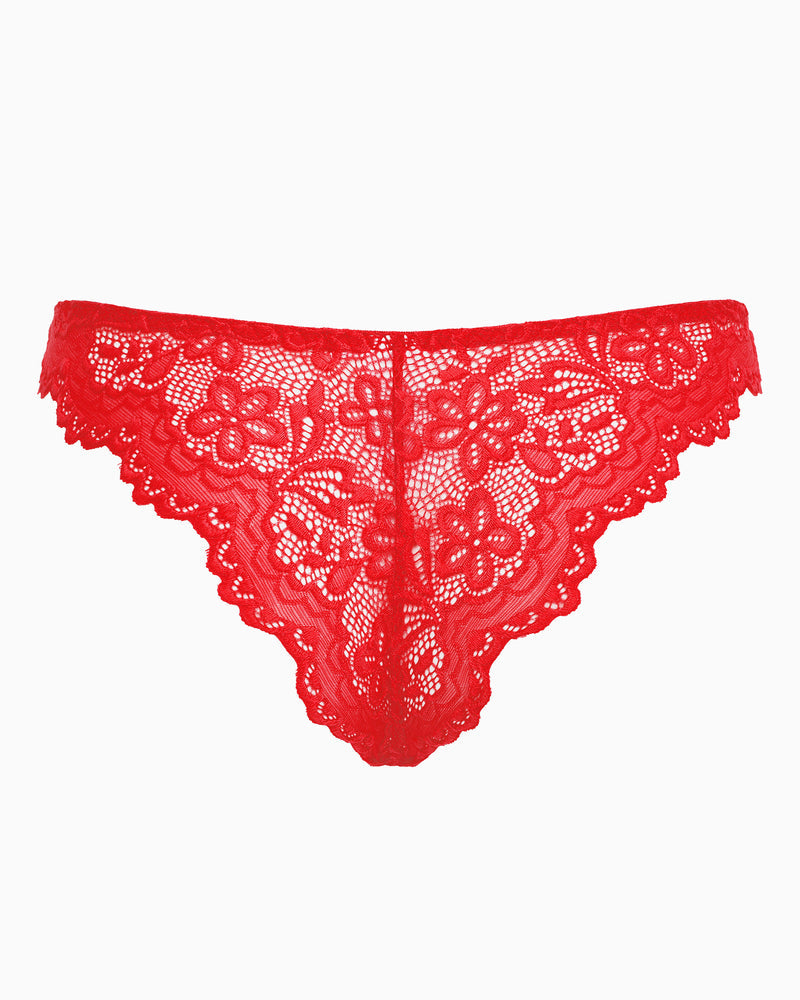 Red string panty with floral lace. Low-rise cheeky design lingerie. Soft, charming style for women.