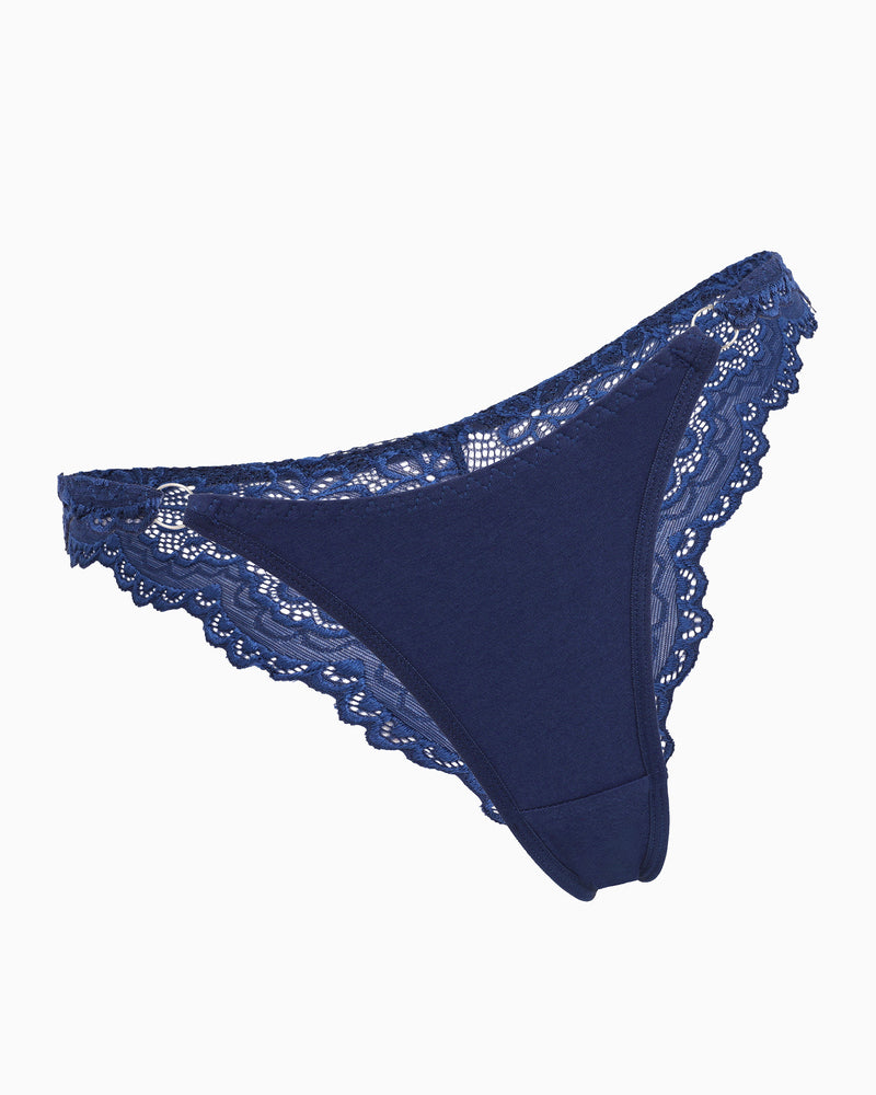 Navy blue string panty with lace trim. Low-rise cheeky design, soft and charming lingerie for women.