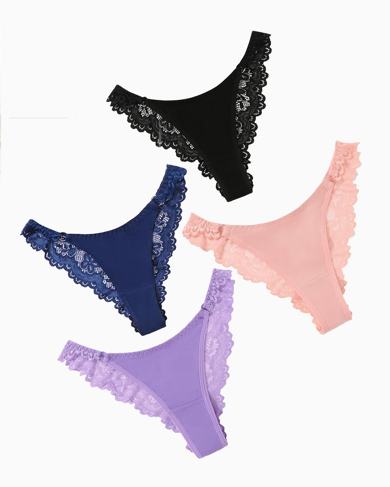High-cut hipster string panties in various colors with lace detail. Low-rise cheeky design.