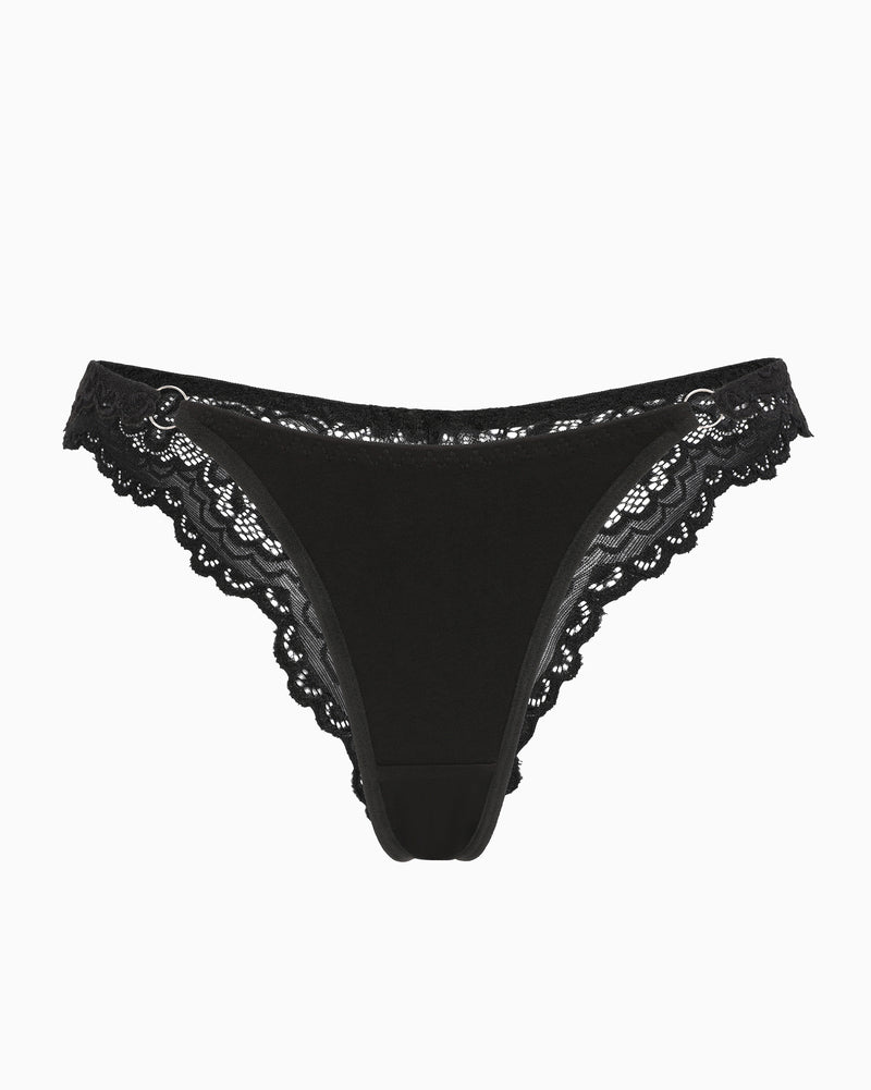 Black string panty with lace trim, low-rise cheeky design. Soft, charming lingerie for women