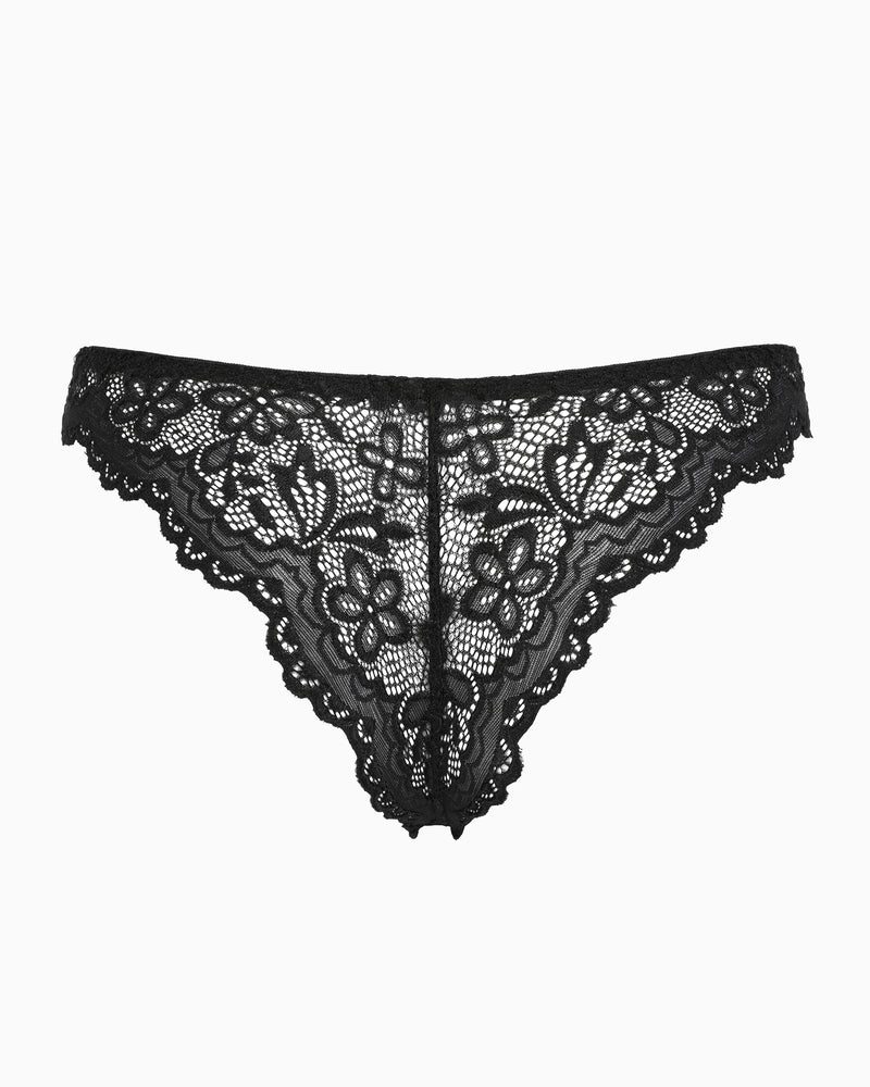 Black floral lace string panty, low-rise cheeky design for women, soft stretch, charming lingerie.
