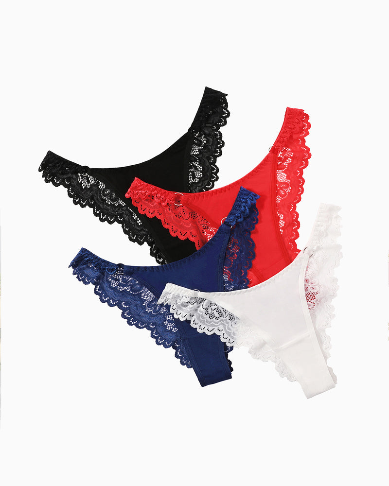 Multi-color string panties with lace trim. Low-rise cheeky design in black, red, navy, and white.
