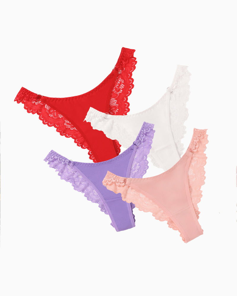 Multi-color string panties with lace trim. Low-rise cheeky design. Soft, charming lingerie.