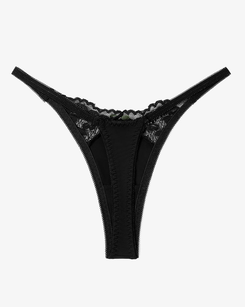 Black lace G-string thong. Sexy T-back panties with breathable lace detail. Nylon and Spandex blend.