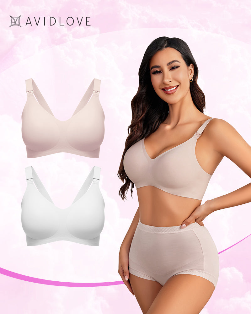 Avidlove seamless nursing bras, nude and white maternity bras, woman wearing matching bra and shorts