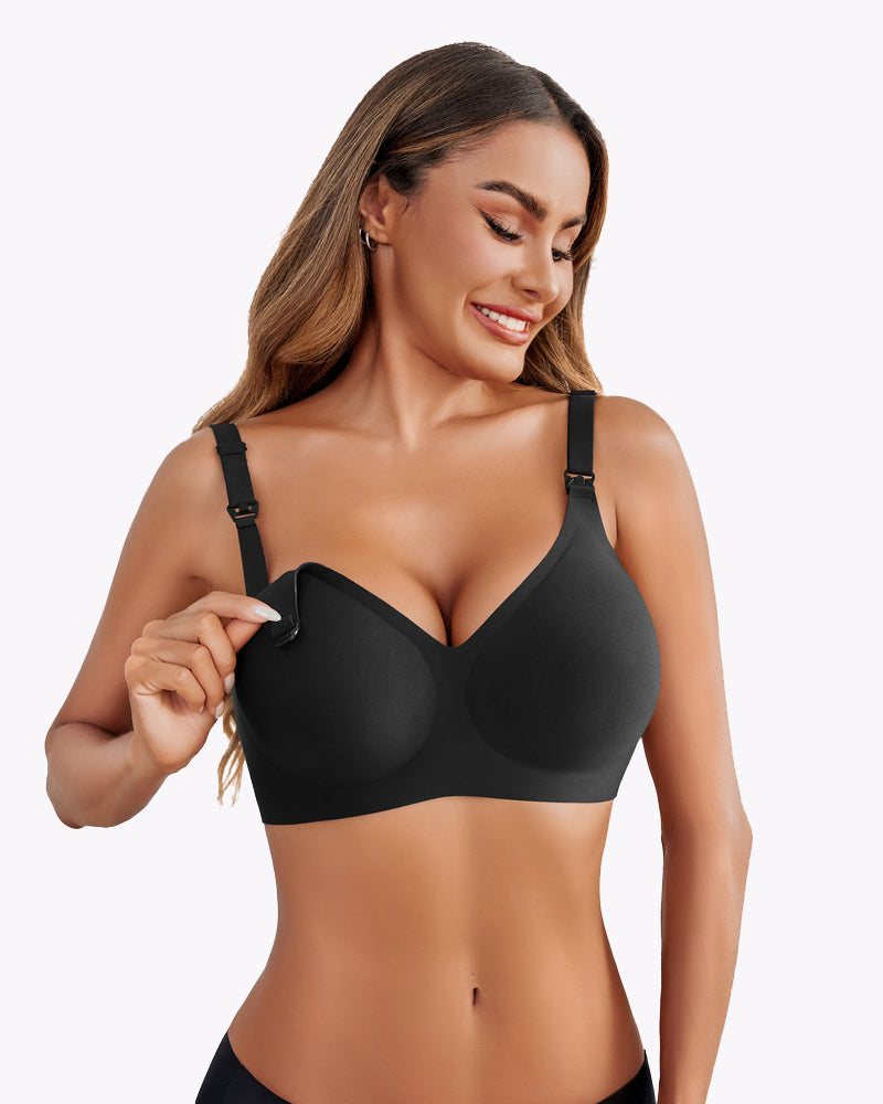 Black seamless maternity bra, soft and comfortable for nursing mothers, featuring easy buckle.
