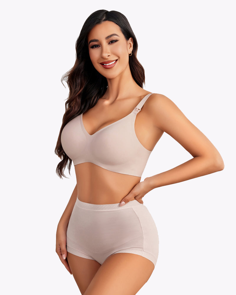 Seamless beige maternity nursing bra and shorts with easy nursing buckle, comfortable and soft
