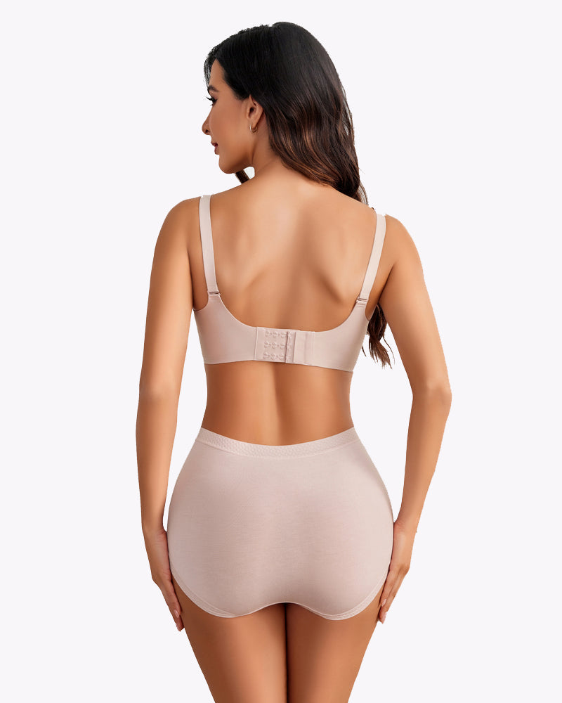 Seamless beige maternity nursing bra and shorts set, comfortable and soft, with nursing buckle