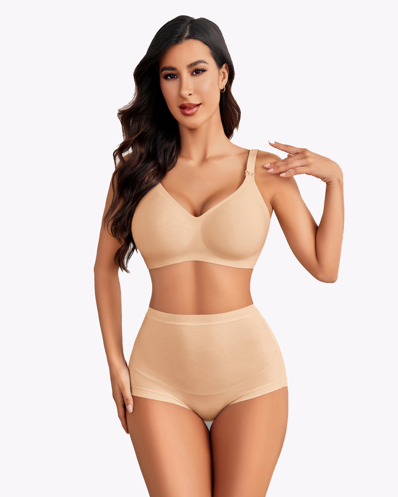 Beige seamless nursing bra & shorts set. Comfortable, practical maternity wear for nursing moms.