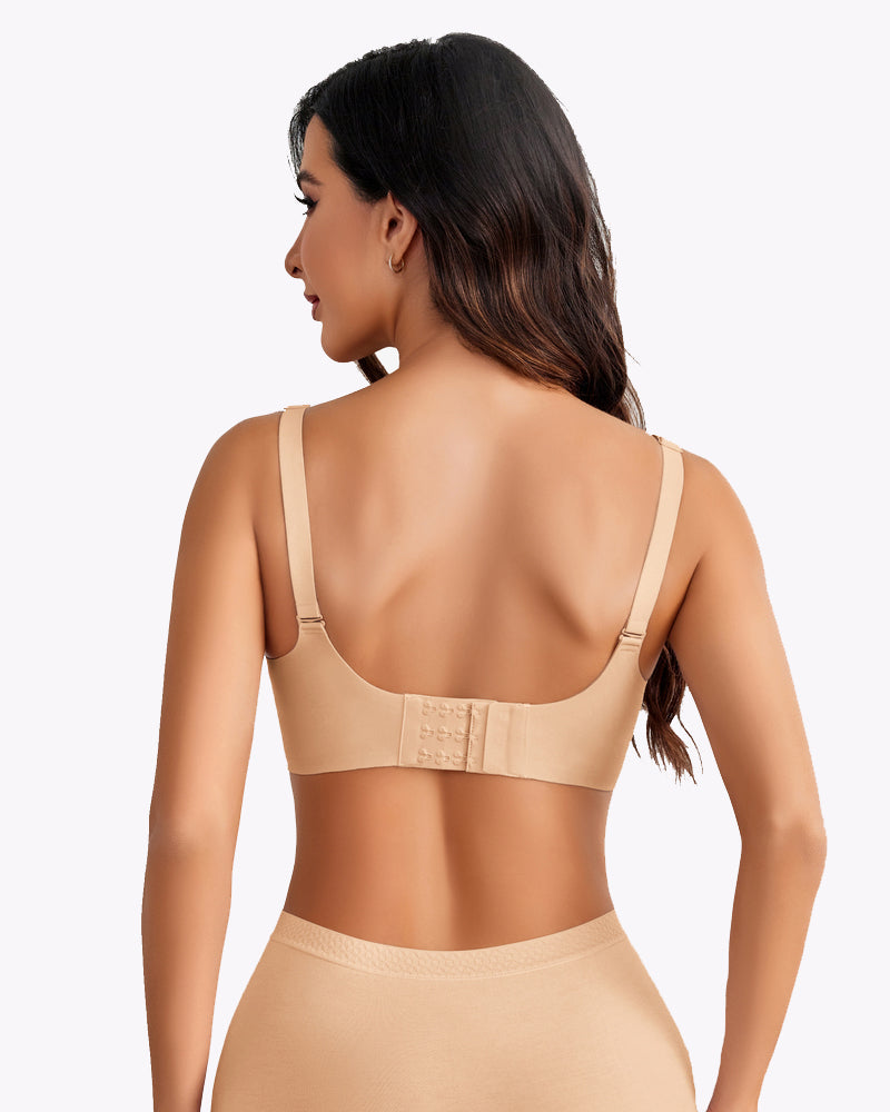 Beige seamless maternity bra, comfortable and soft, with easy nursing closure and adjustable straps