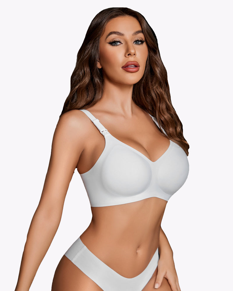 White seamless maternity nursing bra, comfortable and soft with easy nursing buckle for moms
