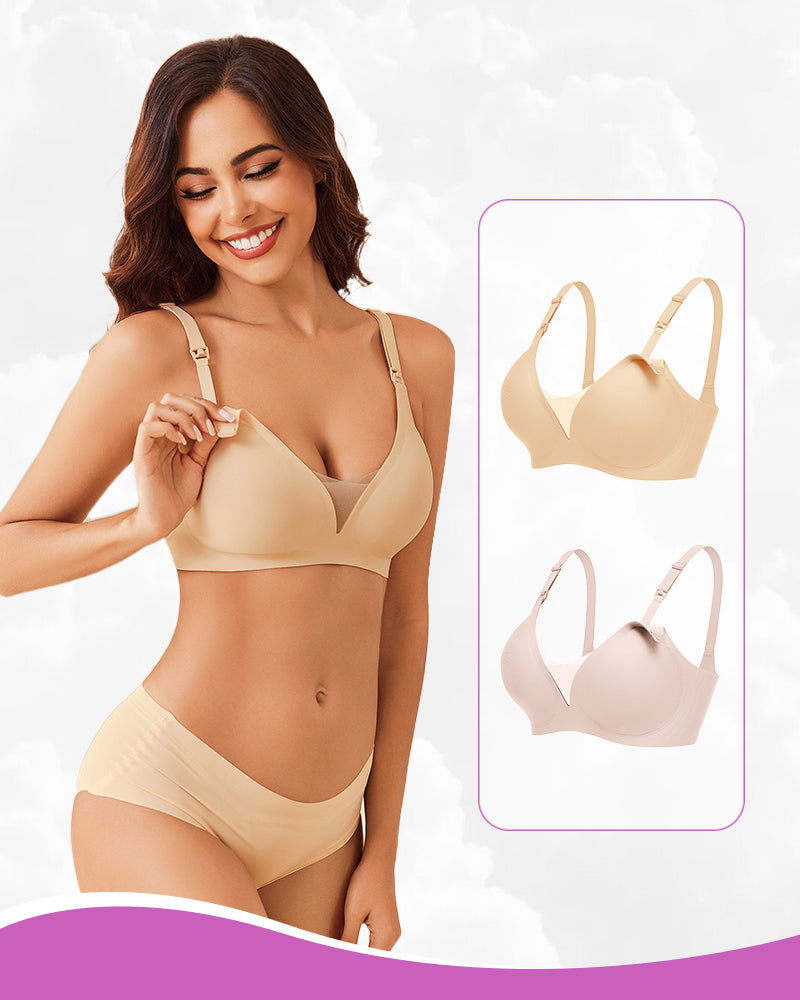 Beige wireless nursing bra for comfortable breastfeeding; beige and pink options.