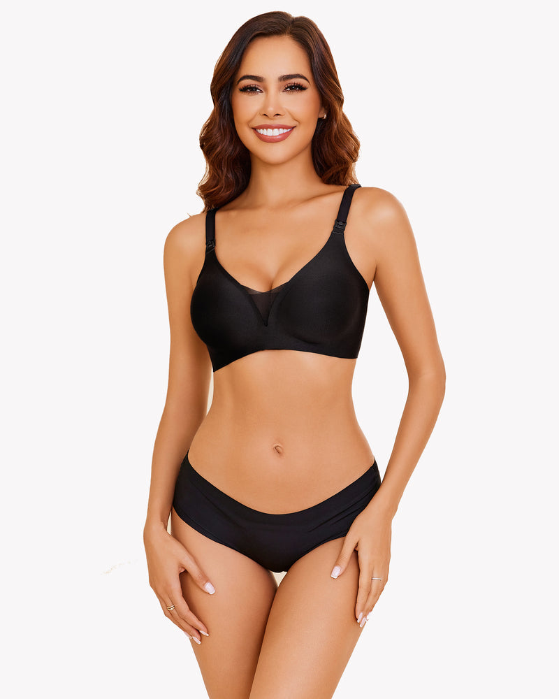 Black wireless nursing bra, model smiling, offering comfortable and discreet breastfeeding access