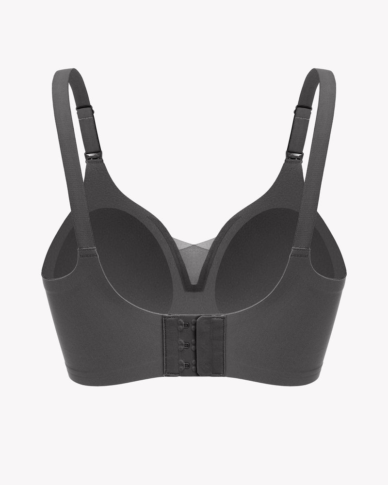 Charcoal grey nursing bra with adjustable straps, designed for discreet breastfeeding.