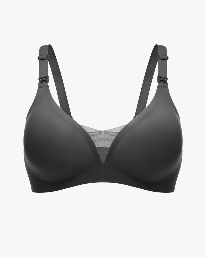 Dark gray wireless nursing bra with breathable mesh panel, designed for comfort and support.