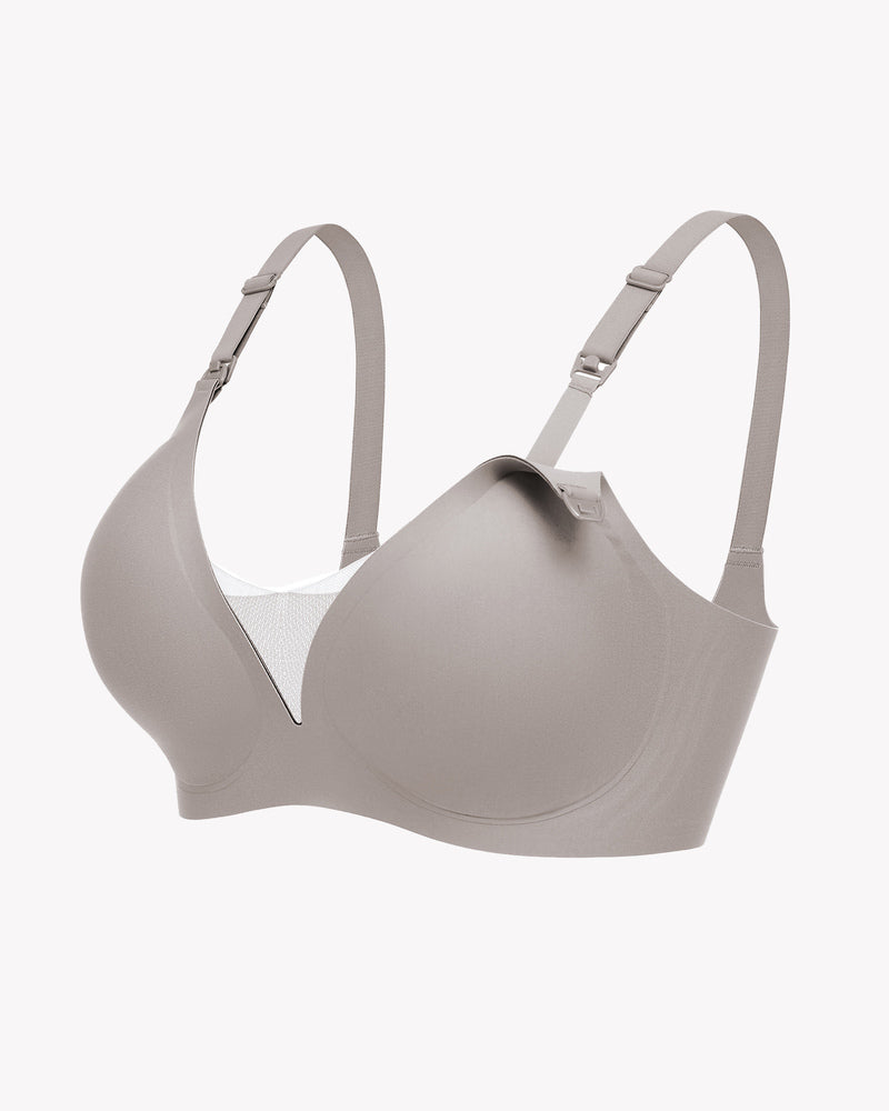 Taupe wireless nursing bra with adjustable straps, discreet breastfeeding support.