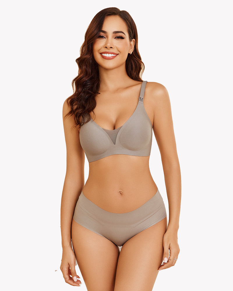 Taupe wireless nursing bra set, model smiling, for comfortable and discreet breastfeeding.
