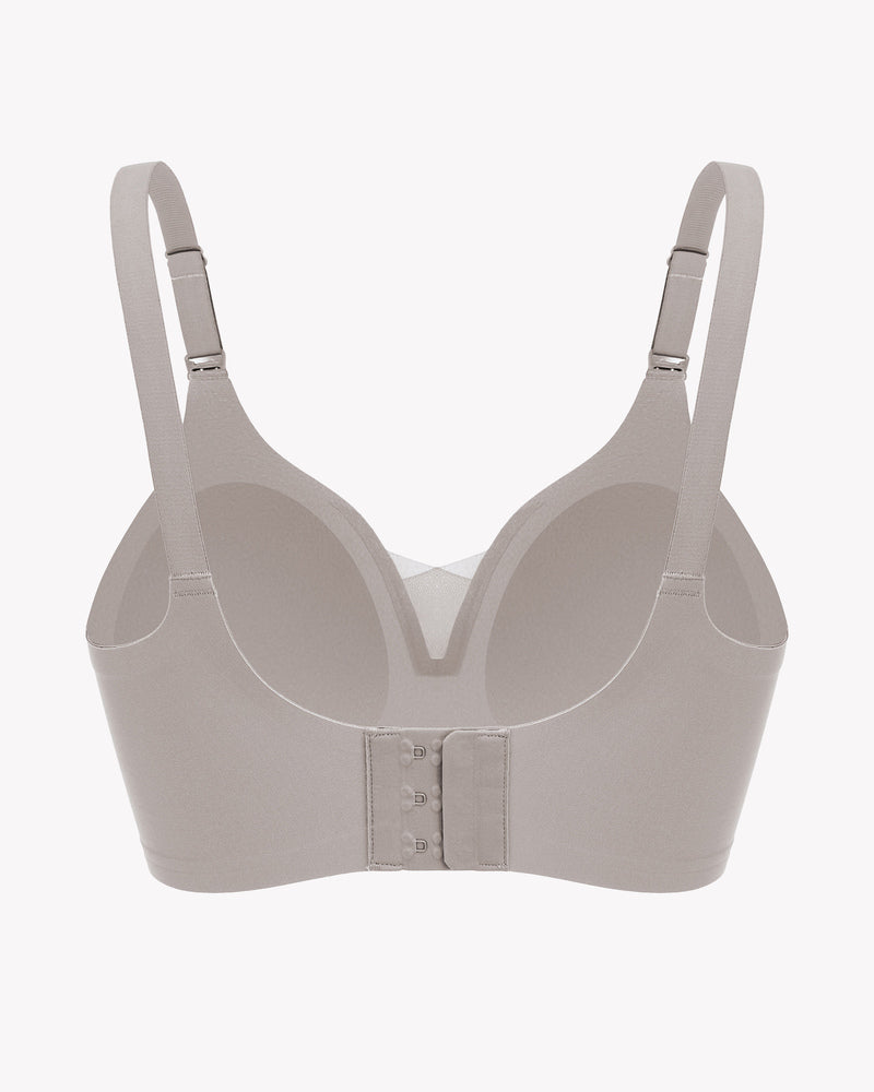 Taupe wireless nursing bra with adjustable straps and breastfeeding access, comfortable design.