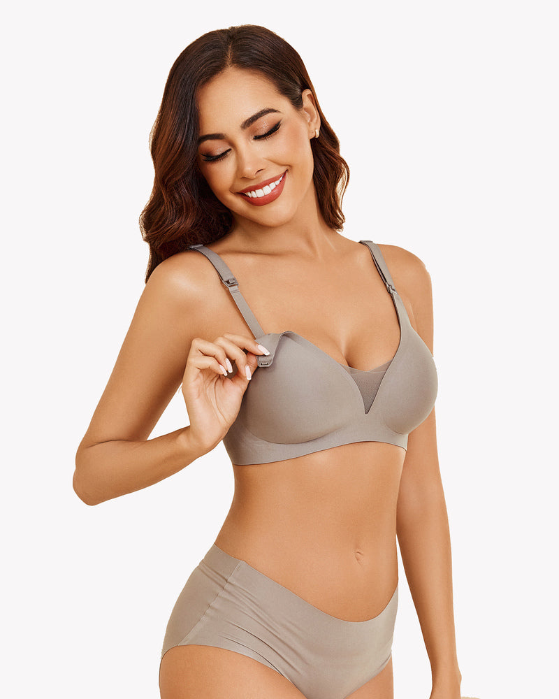 Light grey wireless nursing bra set, soft and seamless, offering comfortable breastfeeding access.