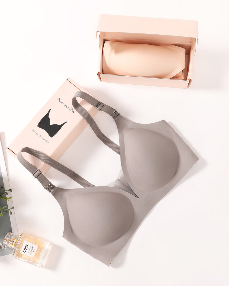 Gray wireless nursing bra. Designed for comfort, discreet breastfeeding support. Adjustable straps.