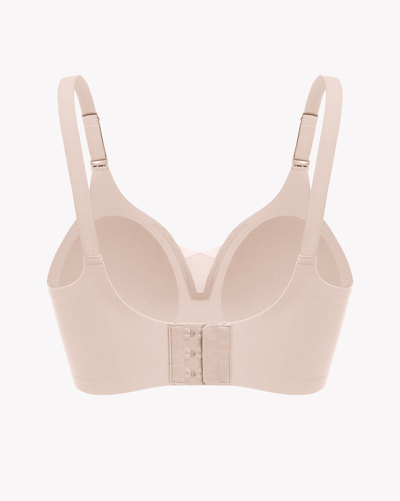 Beige wireless nursing bra with adjustable straps and back closure, for discreet breastfeeding.