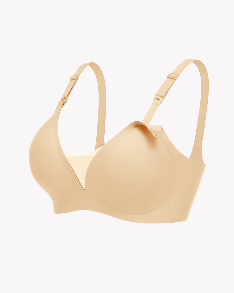 Beige wireless nursing bra, adjustable straps, discreet breastfeeding support