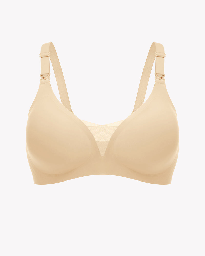 Beige wireless nursing bralette with adjustable straps, discreet breastfeeding support and comfort.