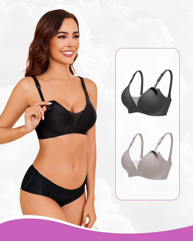 Wireless nursing bra in black; highlighting B-type buckle, black and gray options for breastfeeding.