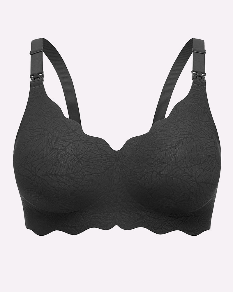 Black seamless maternity nursing bra with floral texture, adjustable straps, and easy nursing access