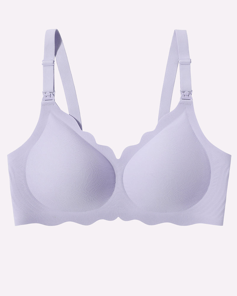 Lavender seamless nursing bra, comfortable design, adjustable straps, and easy nursing access