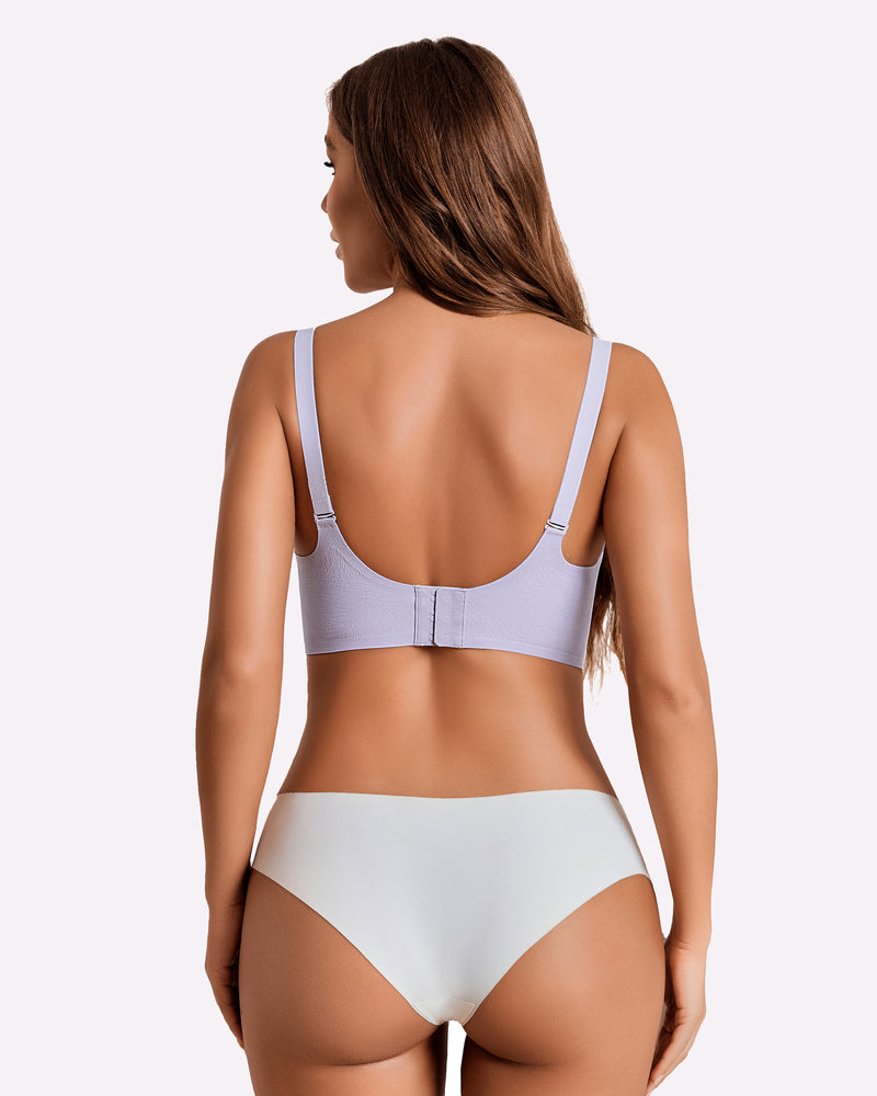 Lavender seamless maternity nursing bra with floral design and adjustable straps.