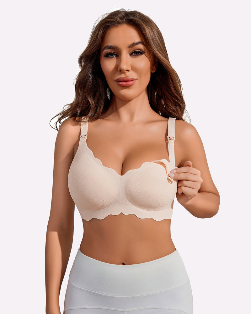 Beige seamless maternity nursing bra with floral design, adjustable straps, and easy nursing access.