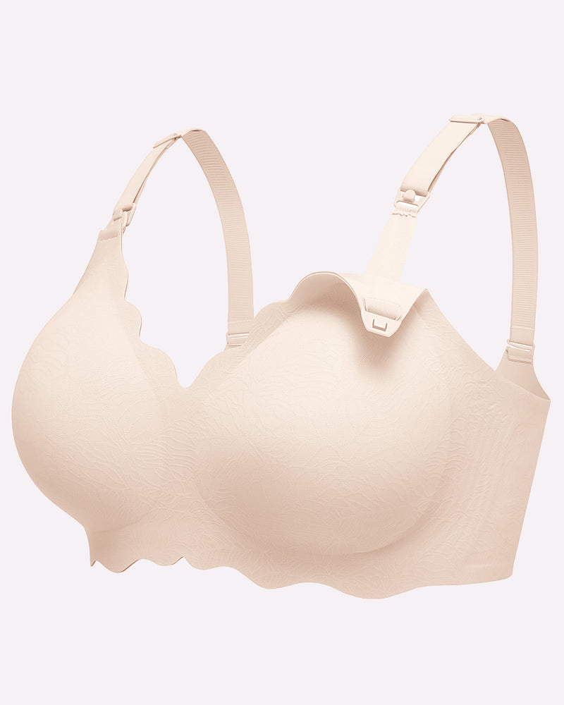 Beige seamless nursing bra with adjustable straps, easy nursing access, and comfortable design
