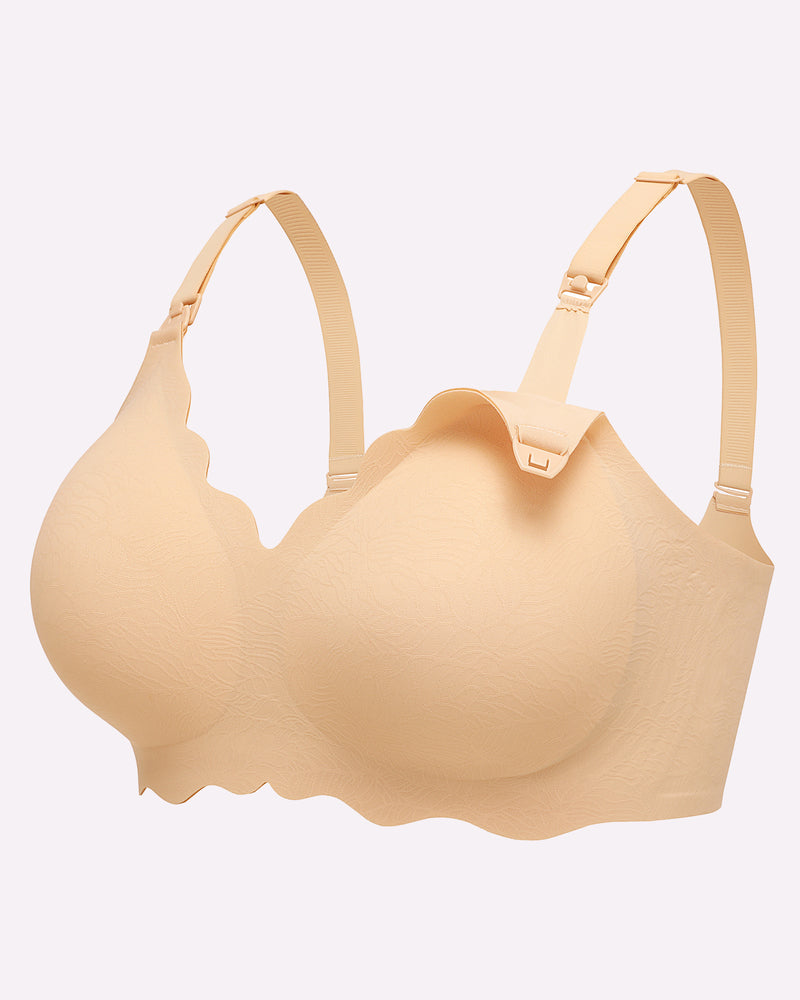 Beige seamless maternity nursing bra, adjustable straps, nursing access, breathable