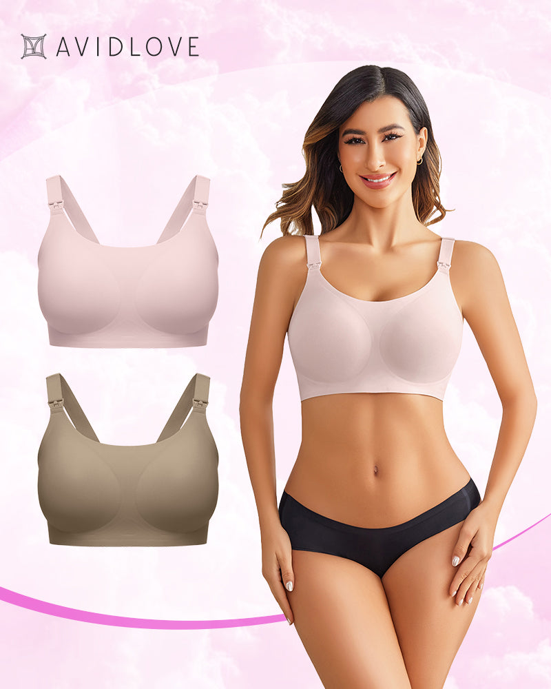 Avidlove nursing bra, pink and khaki options for postpartum comfort and support.