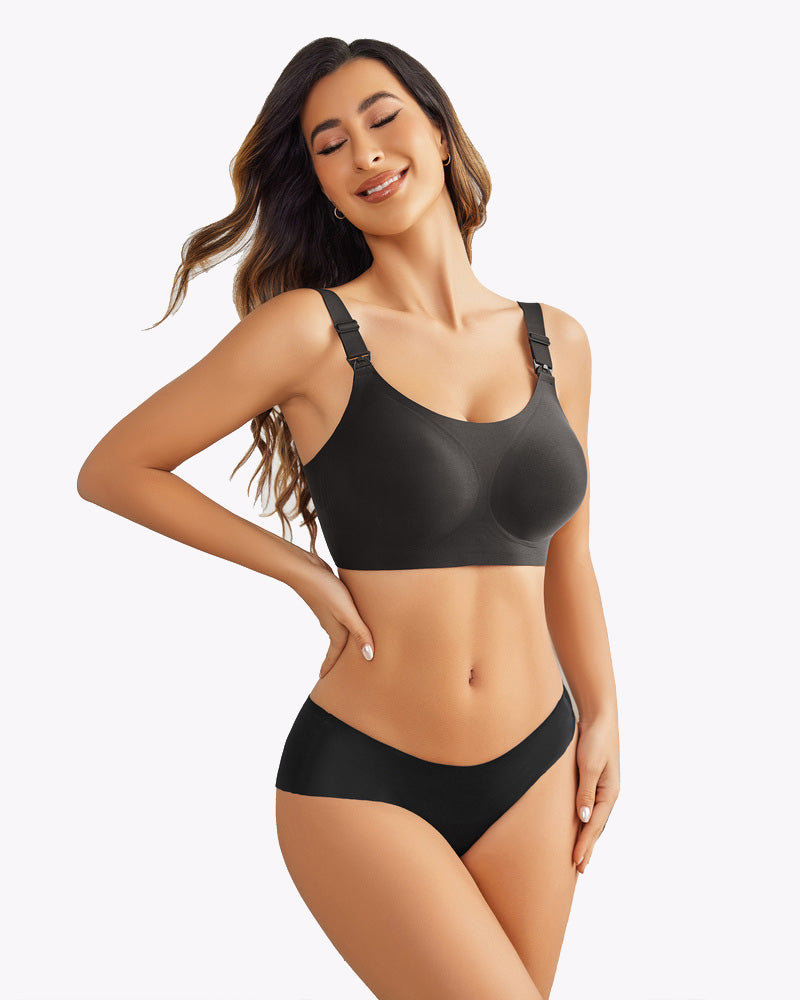 Black seamless maternity bra, push-up design, and breastfeeding access for comfortable support.