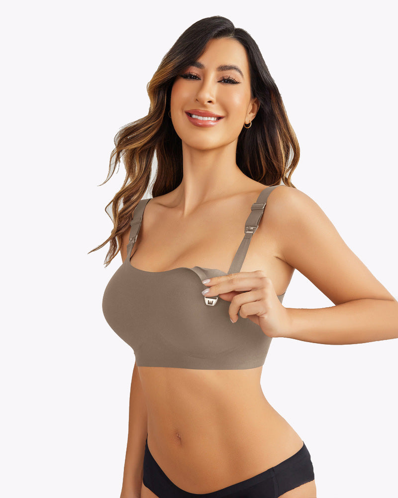 Taupe seamless maternity bra with breastfeeding access, comfortable support for moms.