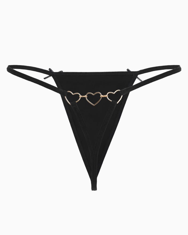 Black G-string thong with golden heart ring detail, bows for a cute and sexy look.