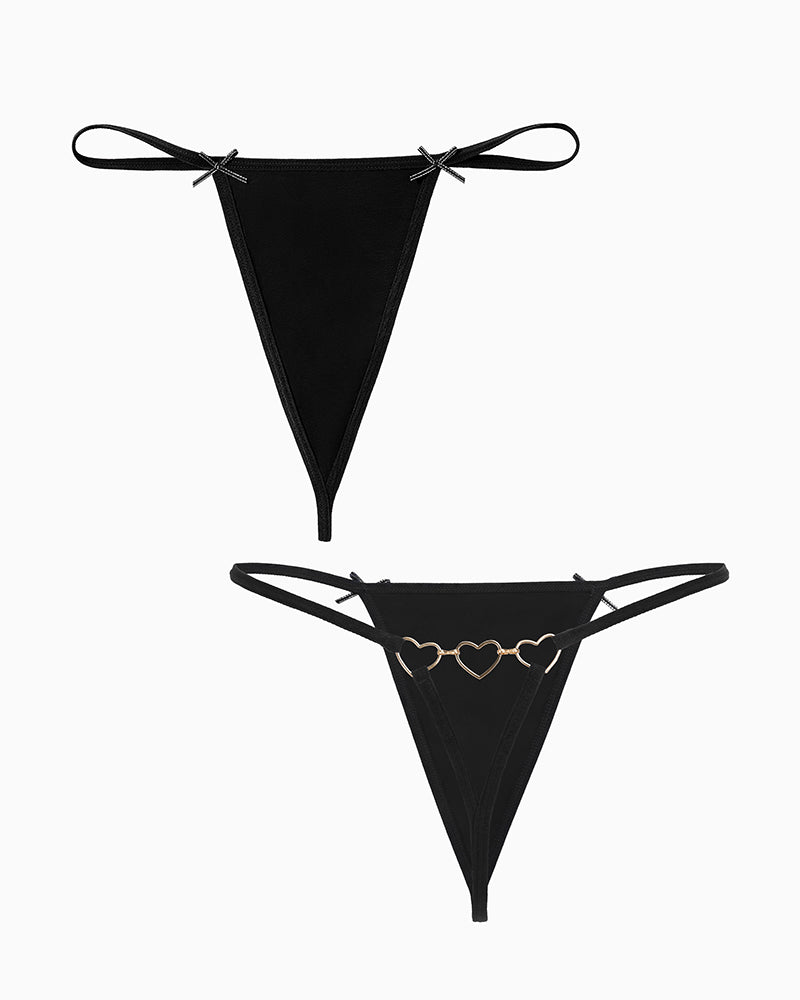 Black G-string thongs with bows and heart ring details, providing a cute and sexy look.