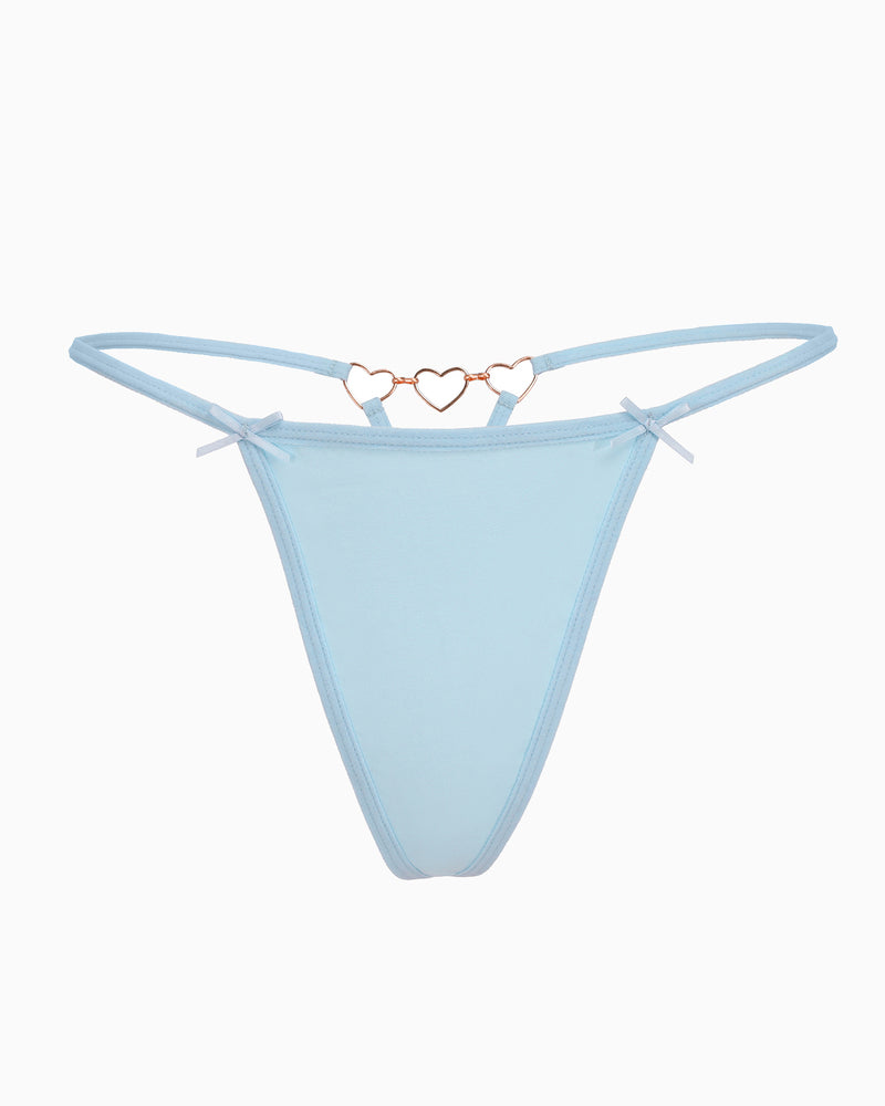 Blue G-string thong with heart ring detail and bows. Comfortable, sexy lingerie for women.