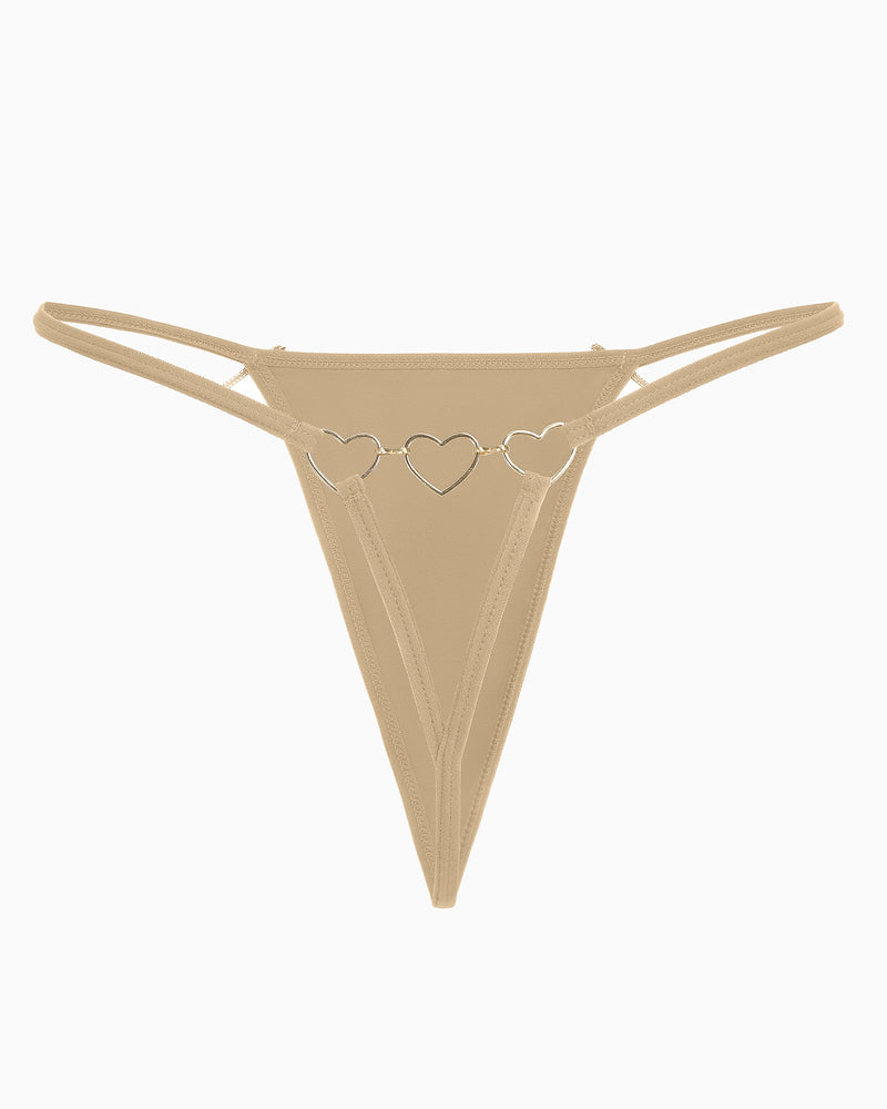 Beige G-string thong with gold heart ring detail. Sexy and comfortable lingerie for women.