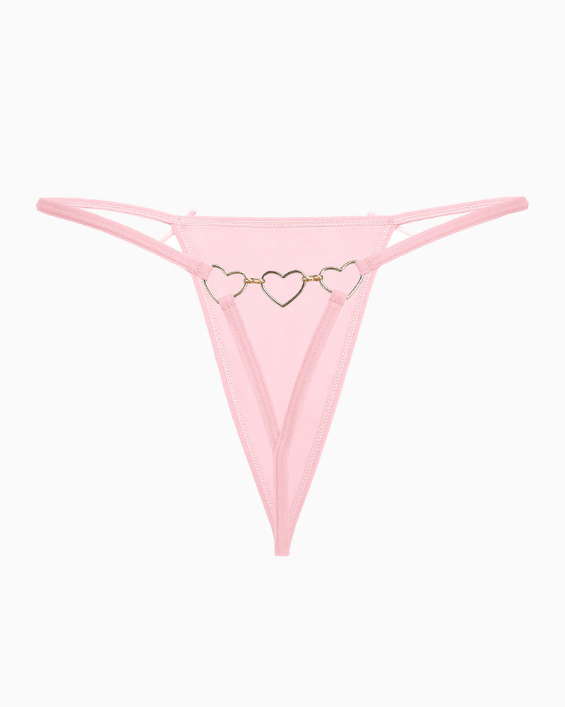 Pink G-string thong with heart ring details. Comfortable and sexy Avidlove lingerie for women.