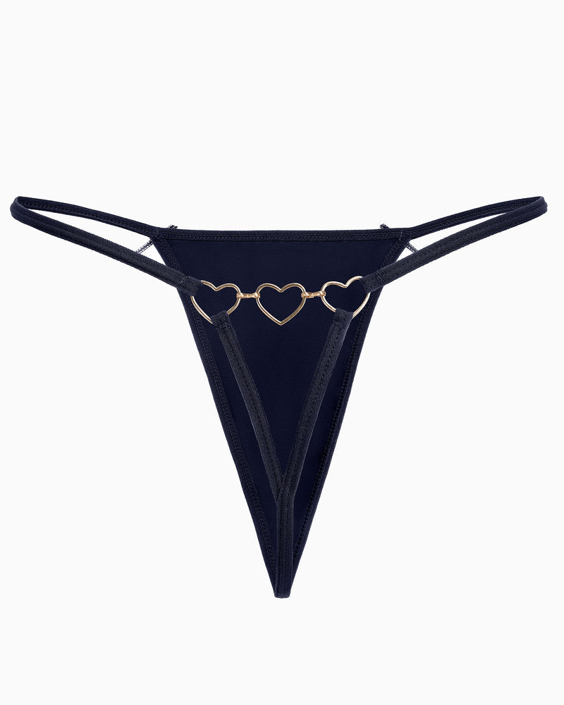 Navy blue G-string thong with gold heart ring detail. Sexy and comfortable Avidlove lingerie.
