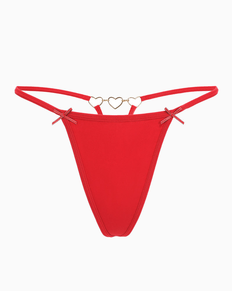 Red G-string thong with heart ring details and bows. Sexy and comfortable Avidlove lingerie.