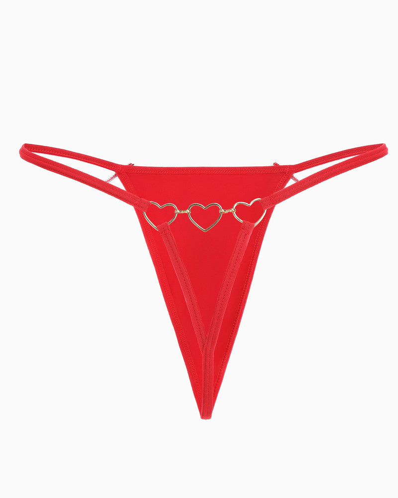 Red Avidlove G-string thong with gold heart ring details. Sexy and comfortable lingerie for women.