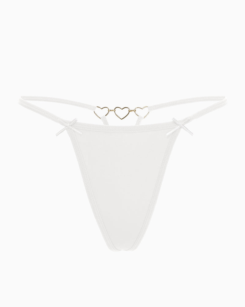 White G-string thong with gold heart ring and bow details. Comfortable and sexy lingerie.