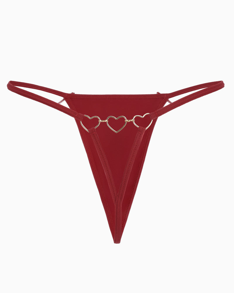 Red G-string thong with gold heart ring details. Comfortable and sexy Avidlove lingerie.